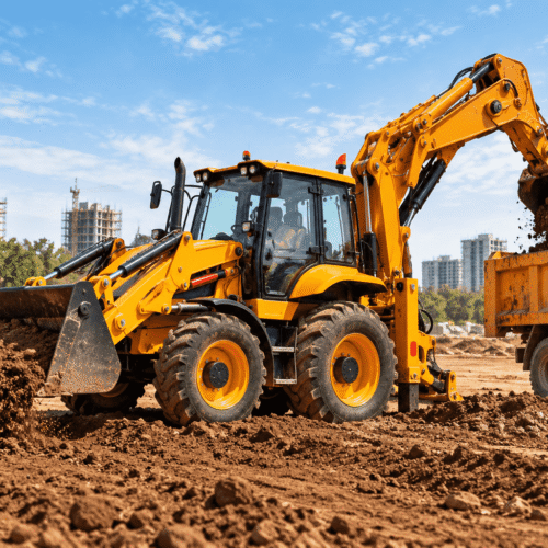 compressO-Backhoe Loader Dumping Soil at Construction Site