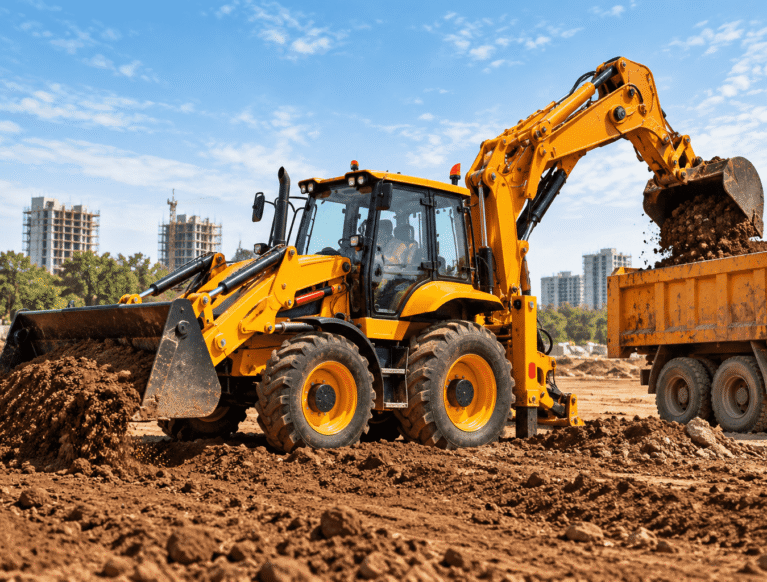 compressO-Backhoe Loader Dumping Soil at Construction Site