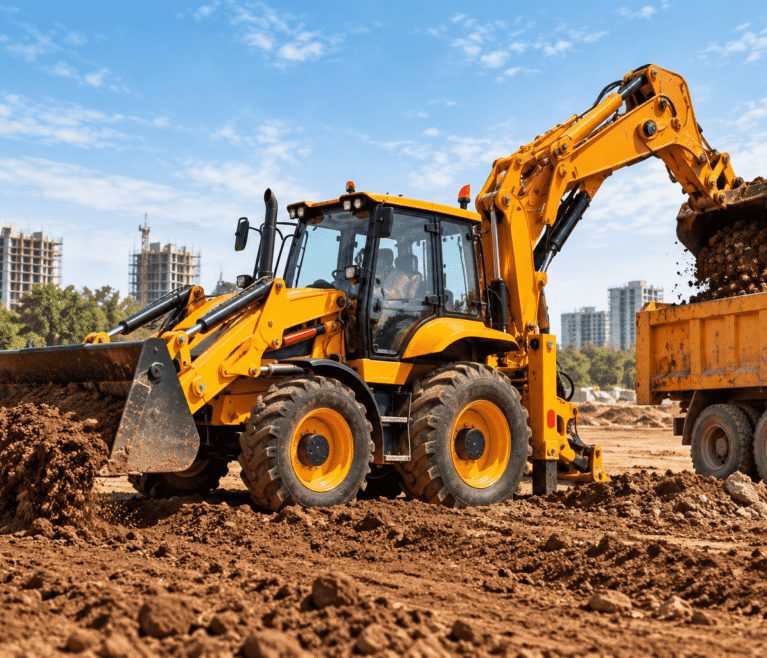 compressO-Backhoe Loader Dumping Soil at Construction Site