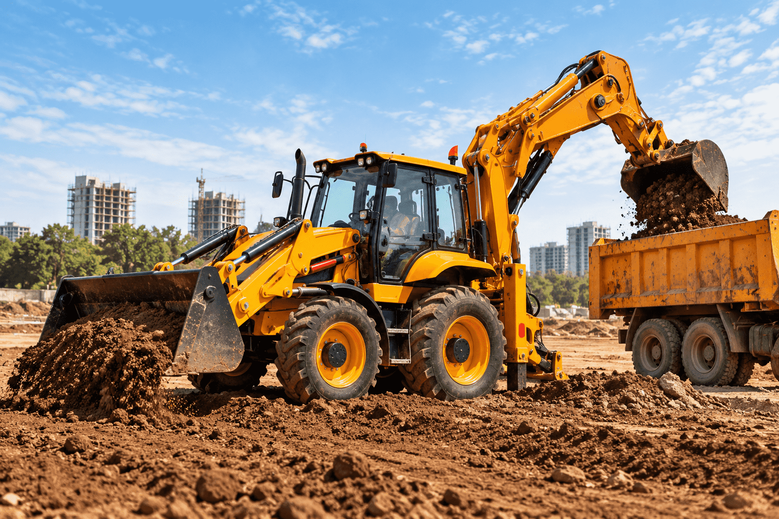compressO-Backhoe Loader Dumping Soil at Construction Site