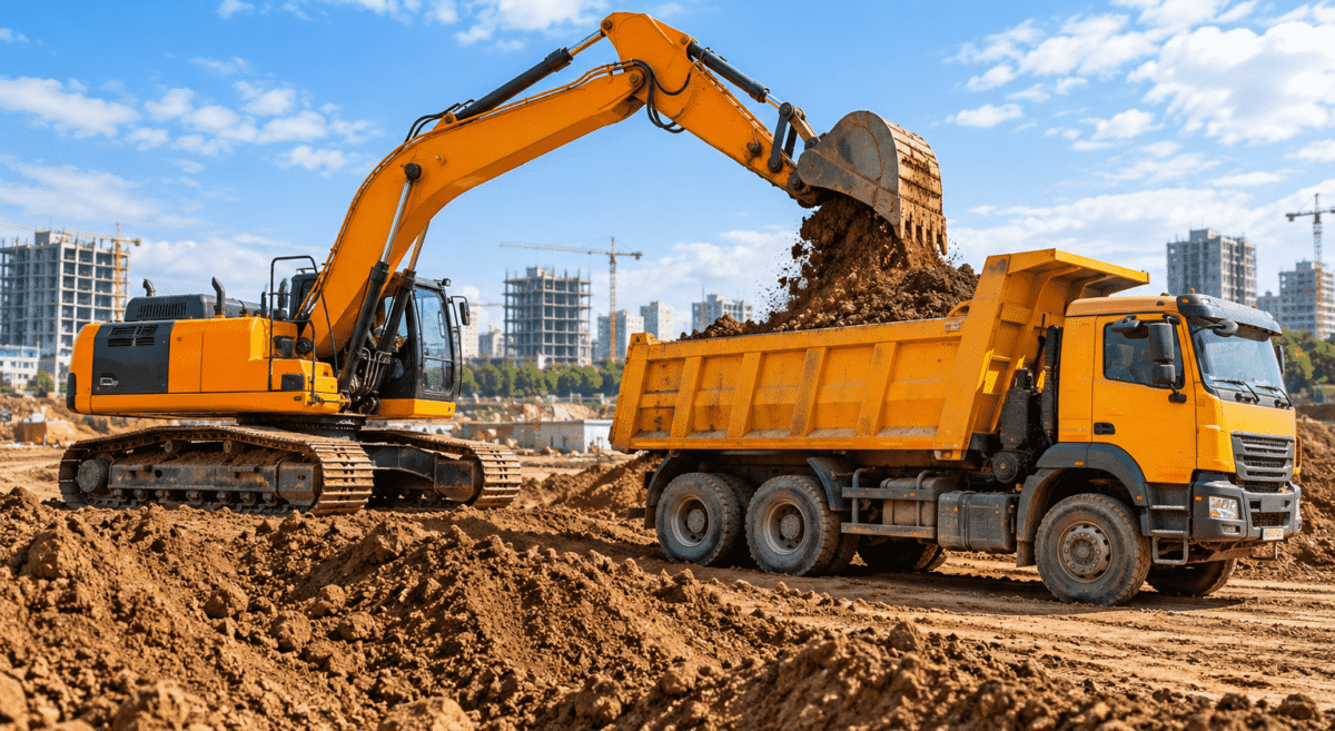 compressO-Excavator Loading Dump Truck at Construction Site