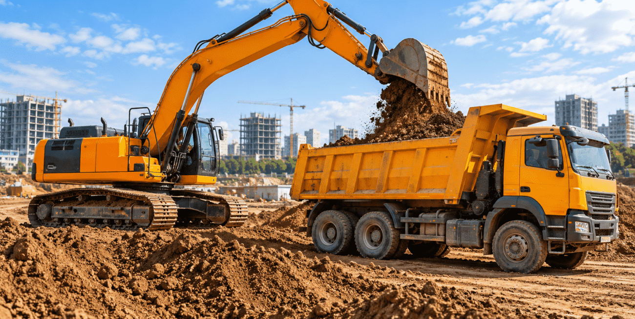 compressO-Excavator Loading Dump Truck at Construction Site