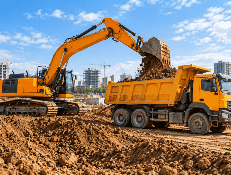 compressO-Excavator Loading Dump Truck at Construction Site