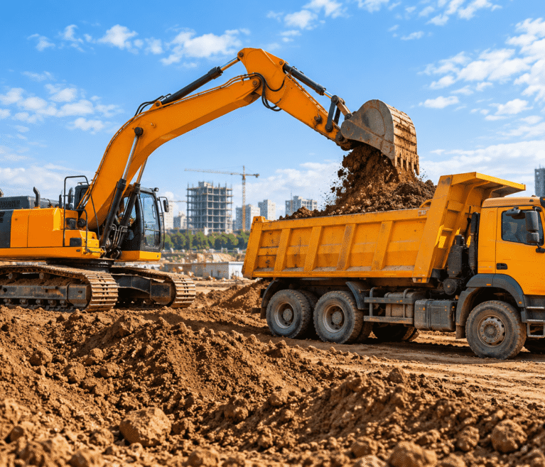 compressO-Excavator Loading Dump Truck at Construction Site