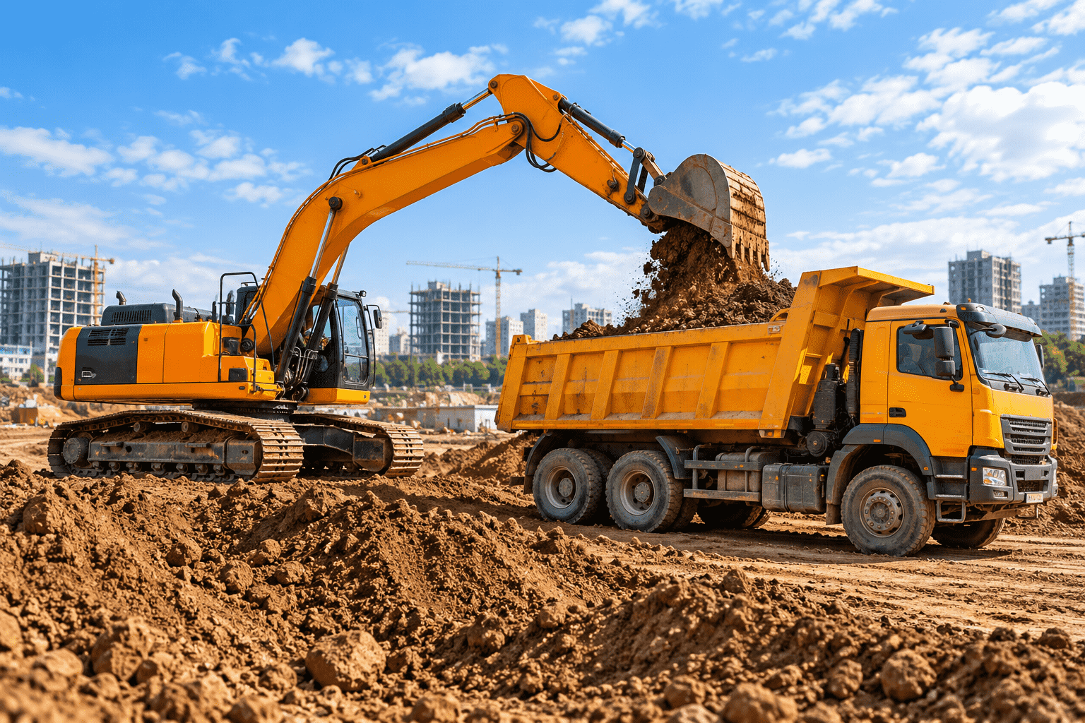 Excavator and construction equipment at work