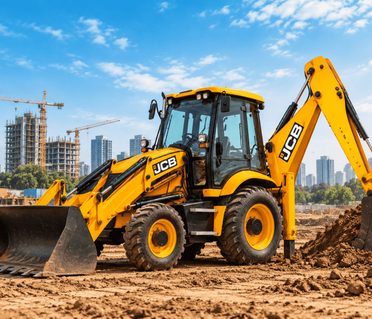 compressO-JCB Backhoe Loader at Urban Construction Site