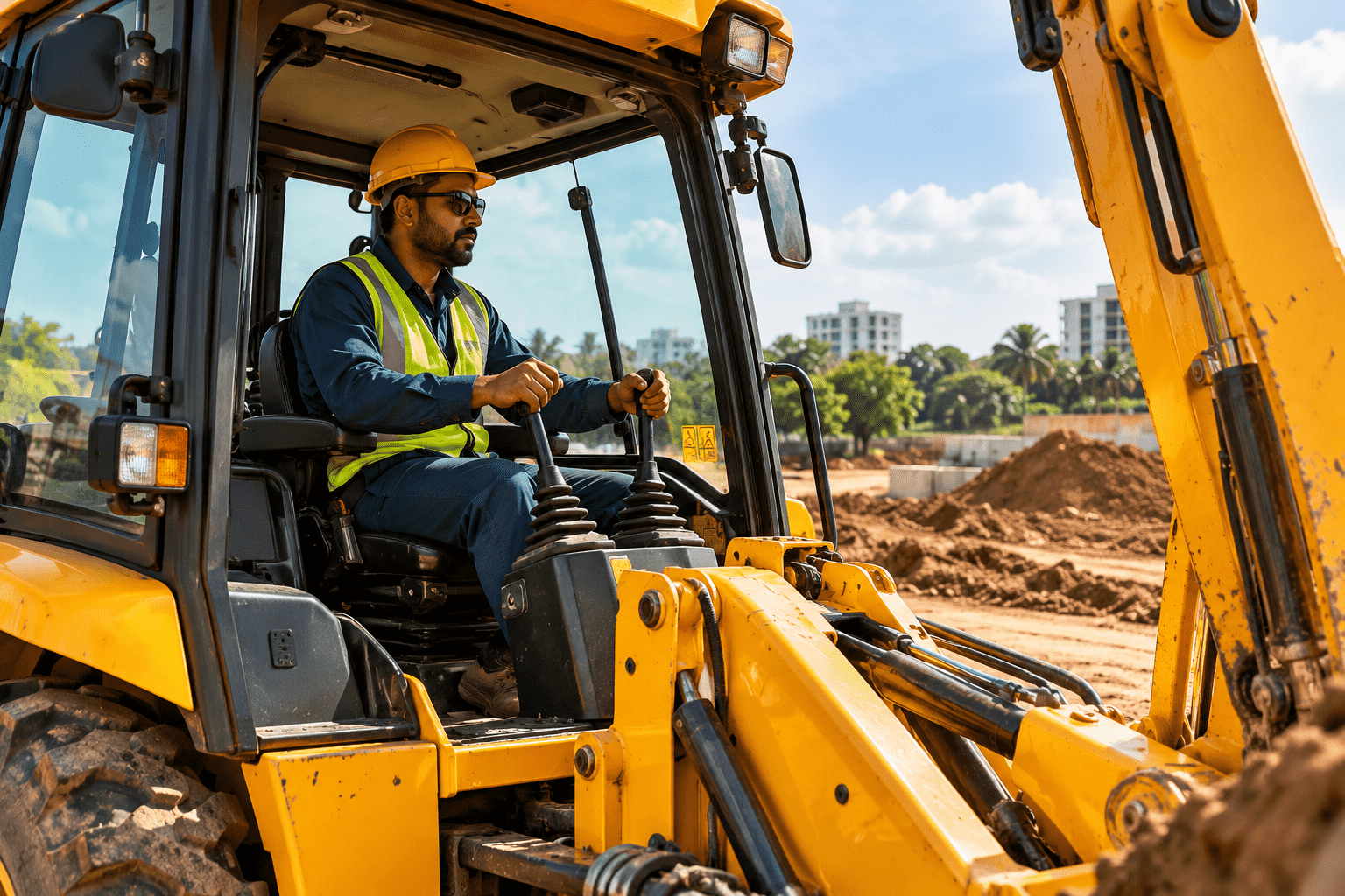 compressO-Operator in a Yellow Excavator Cab