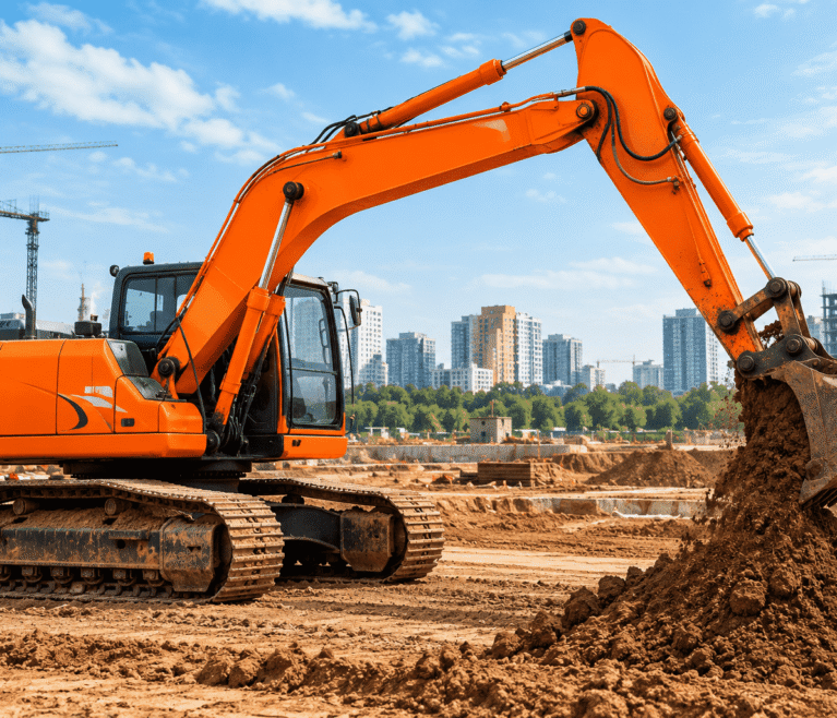 compressO-Orange Excavator at Urban Construction Site