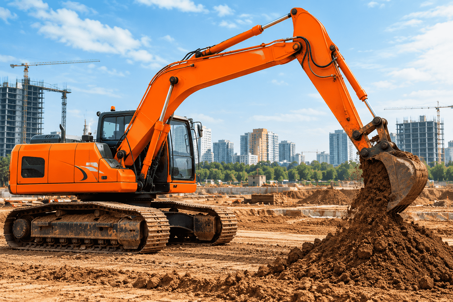 compressO-Orange Excavator at Urban Construction Site
